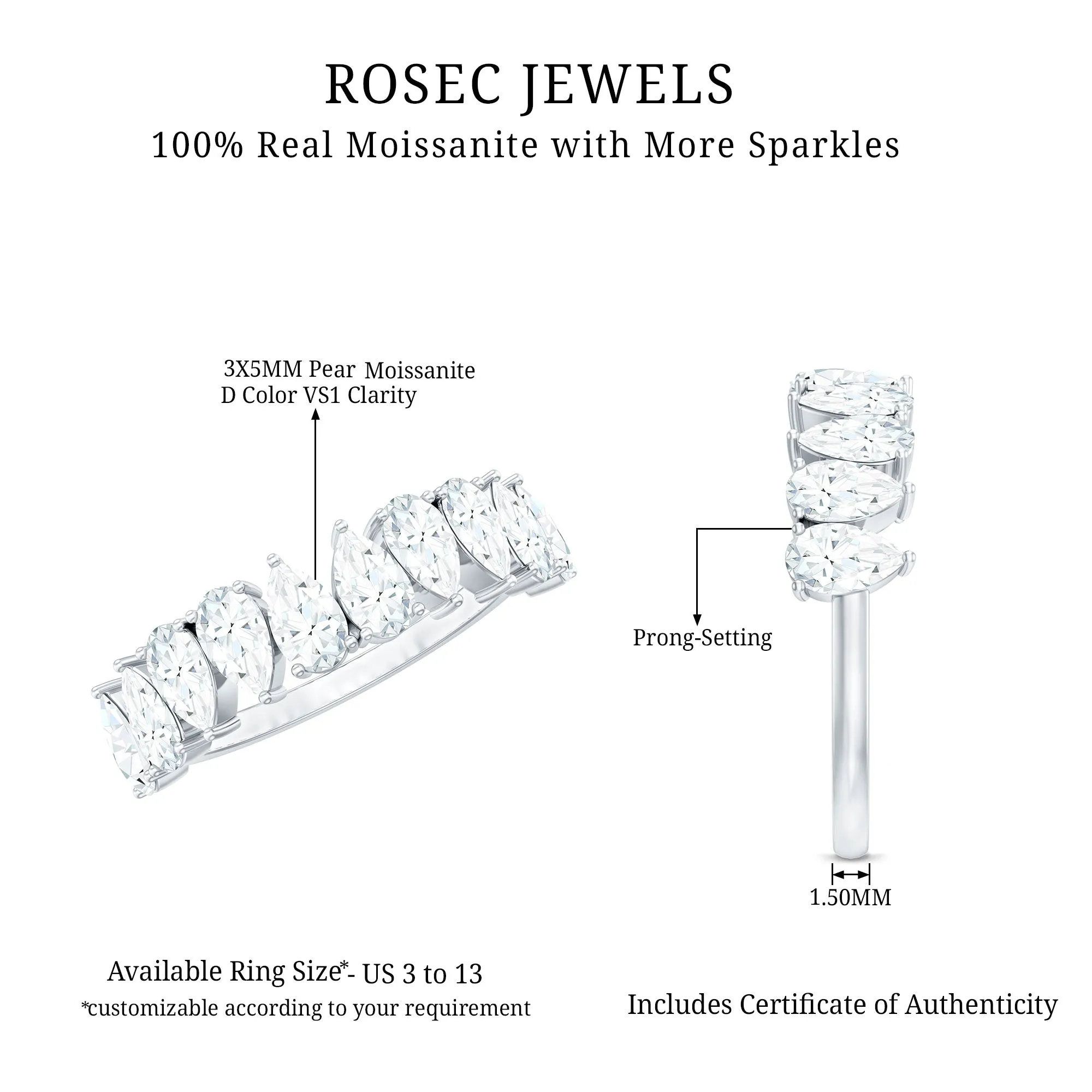 Pear Cut Moissanite Elegant Half Eternity Ring