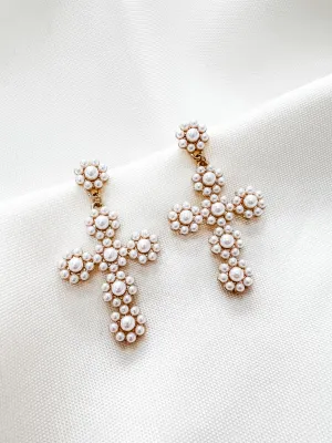 Pearl Flower Cross Earring