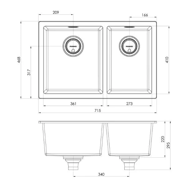 Phoenix 5000 Series 1-3/4 Bowl Quartz Resin Sink 715 x 468mm Matte White