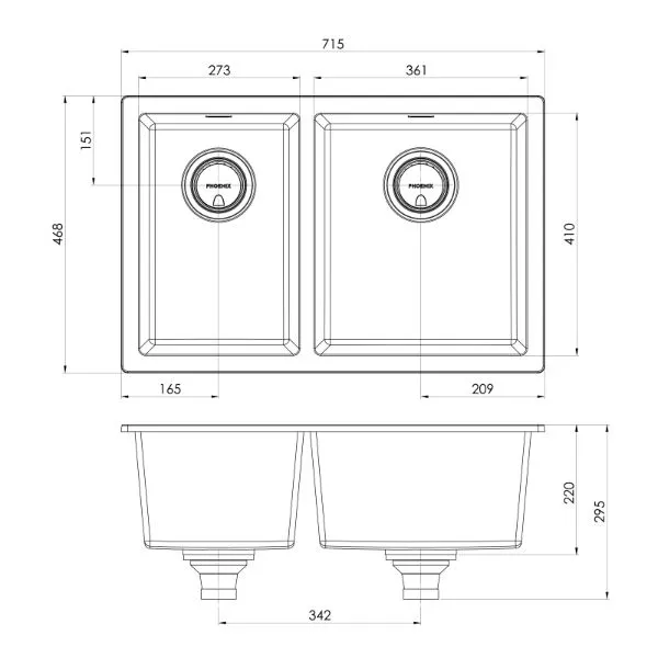 Phoenix 5000 Series 1-3/4 Bowl Quartz Resin Sink 715 x 468mm Matte White