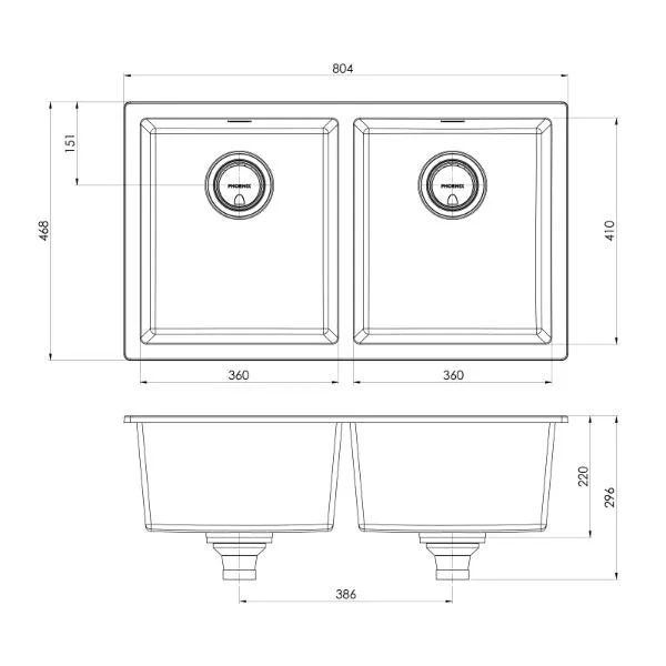 Phoenix 5000 Series Double Bowl Quartz Resin Sink 804 x 468mm Matte Black