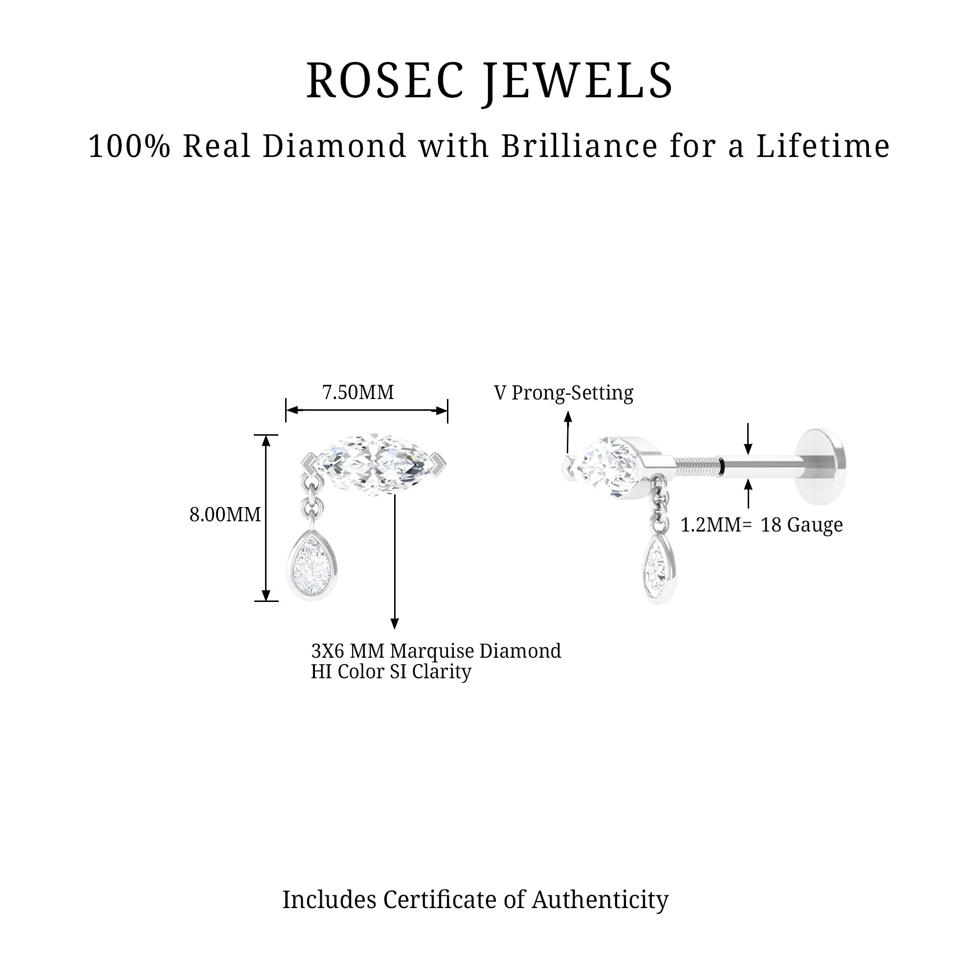 Real Marquise Diamond Cartilage Drop Earring