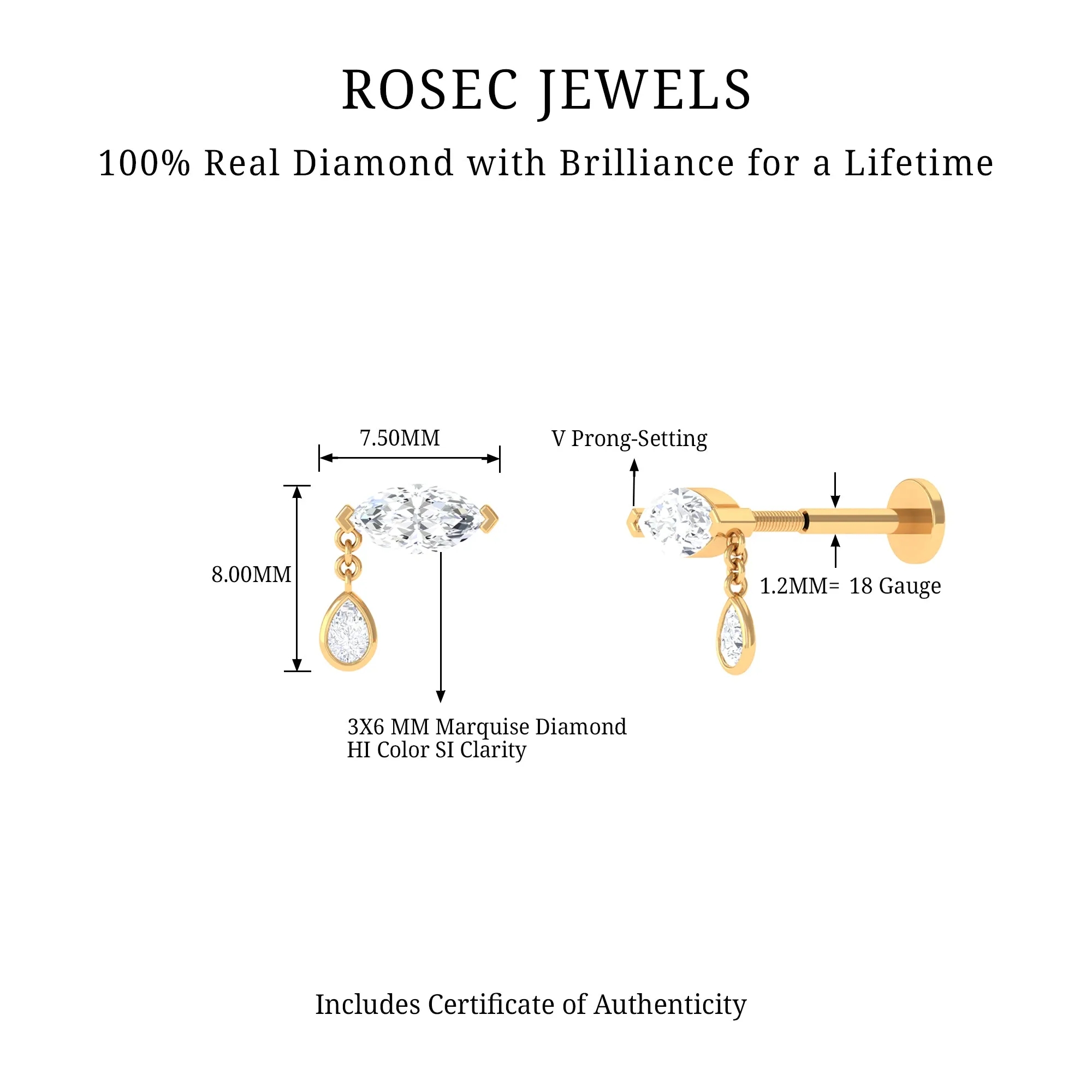Real Marquise Diamond Cartilage Drop Earring