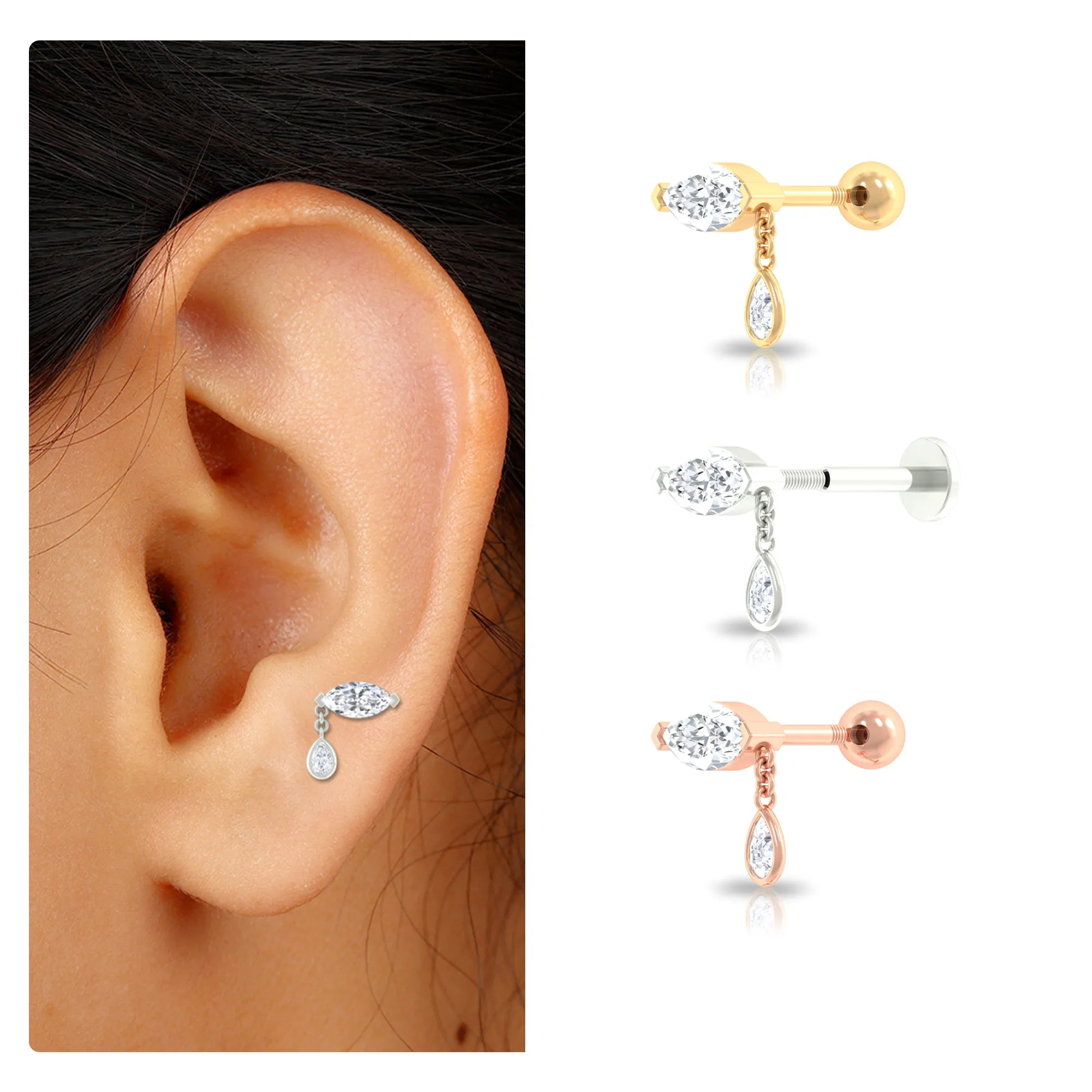 Real Marquise Diamond Cartilage Drop Earring