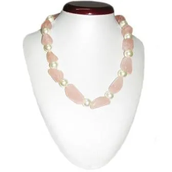 Rose Quartz and Glass Pearl Beaded Necklace