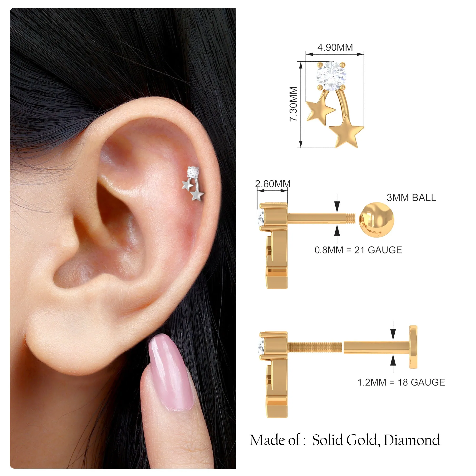 Round Diamond Solitaire Star Cartilage Earring