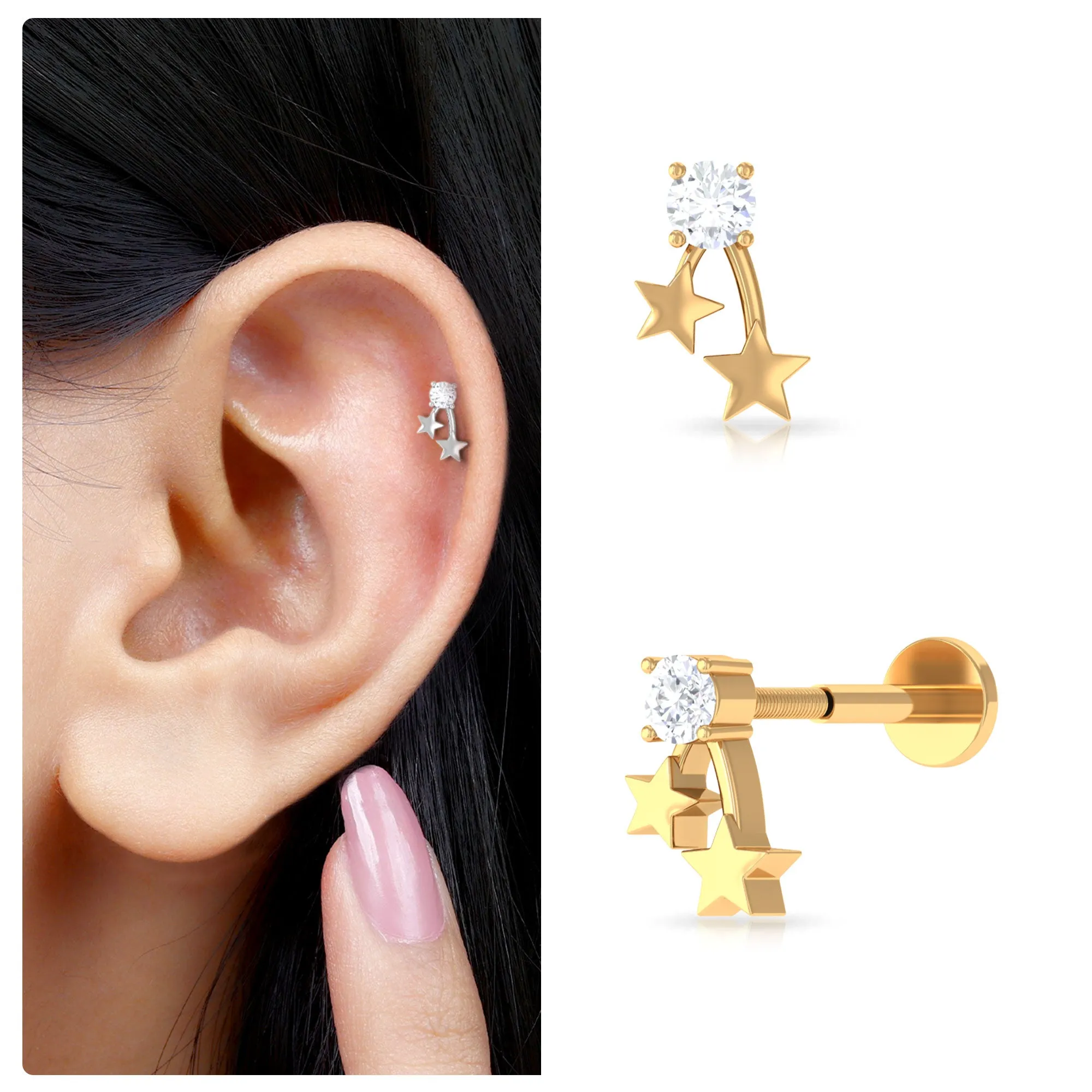Round Diamond Solitaire Star Cartilage Earring