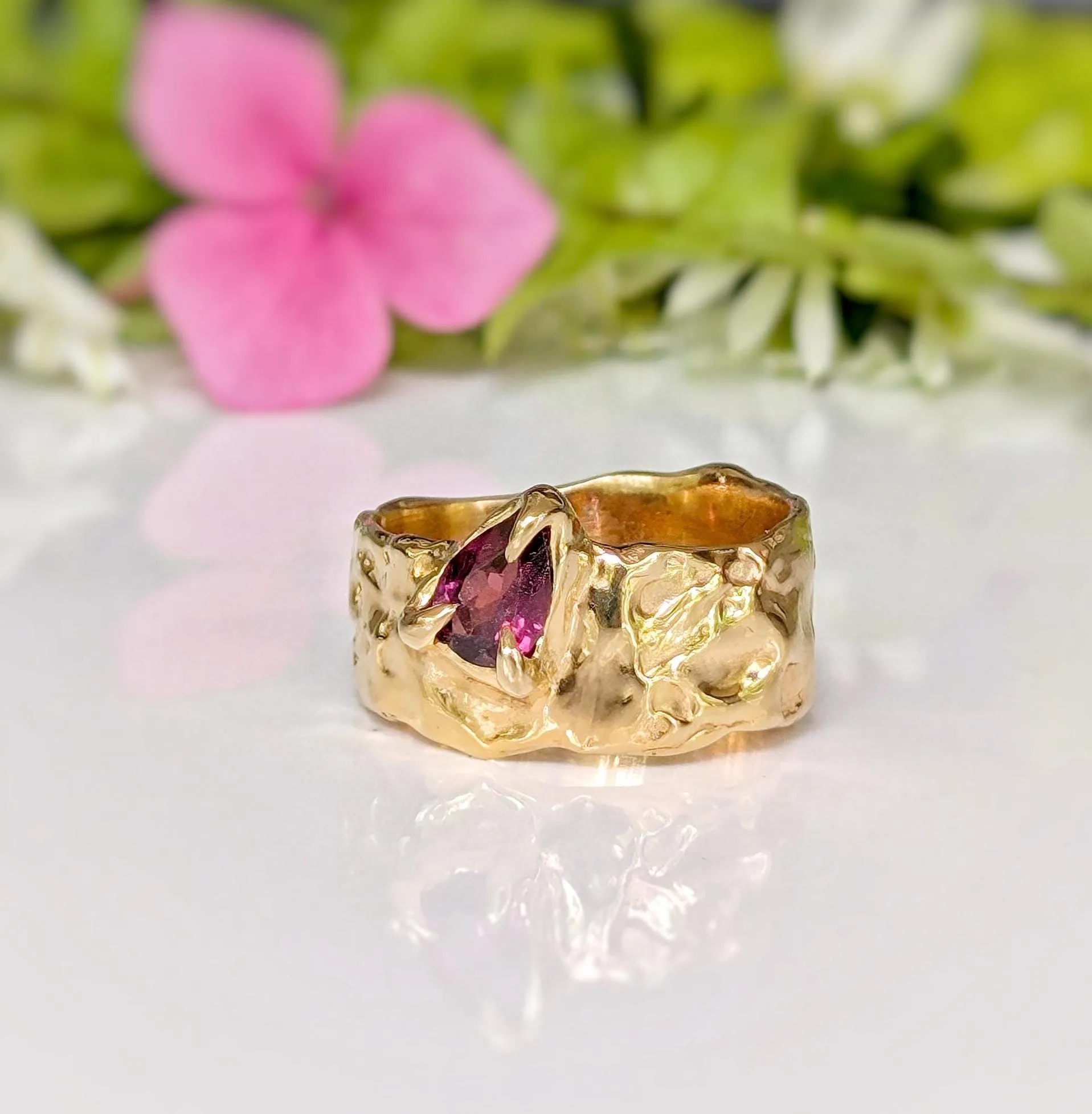 Rubellite Tourmaline Solid Gold textured ring
