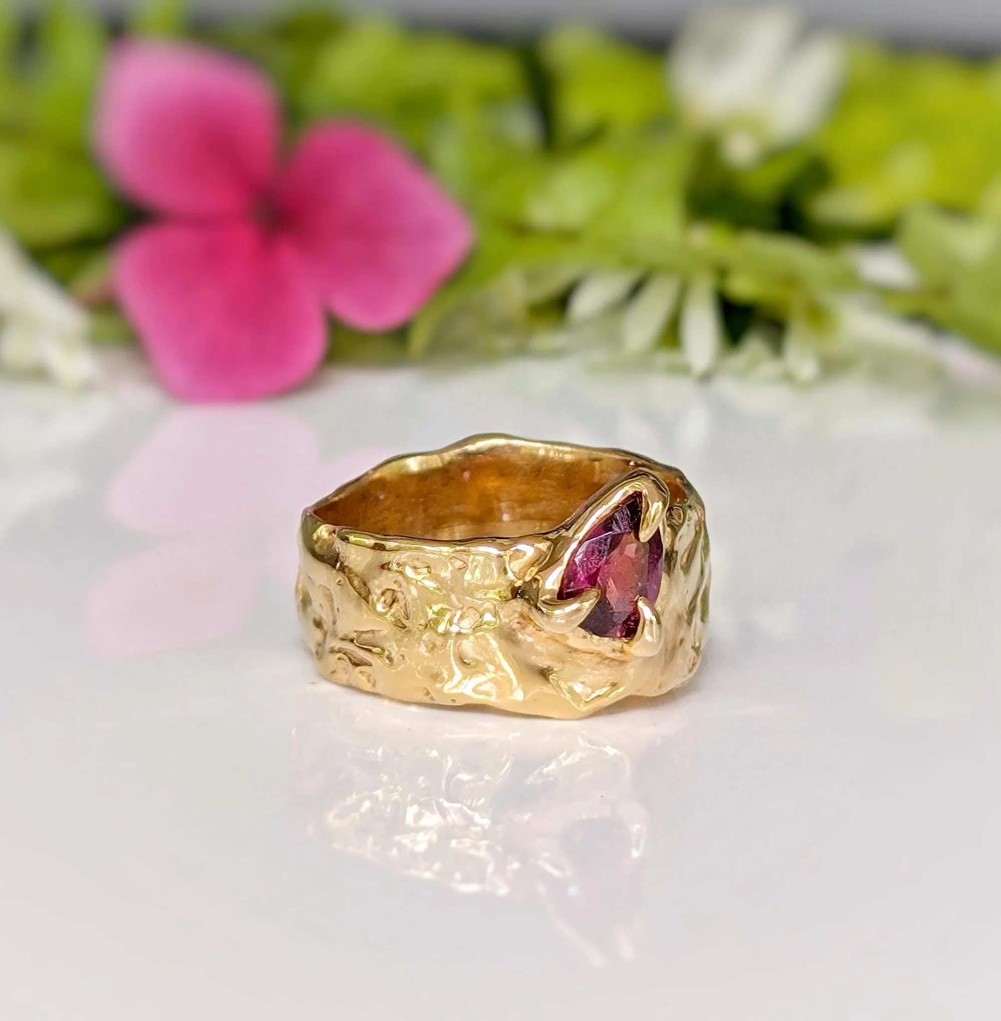 Rubellite Tourmaline Solid Gold textured ring