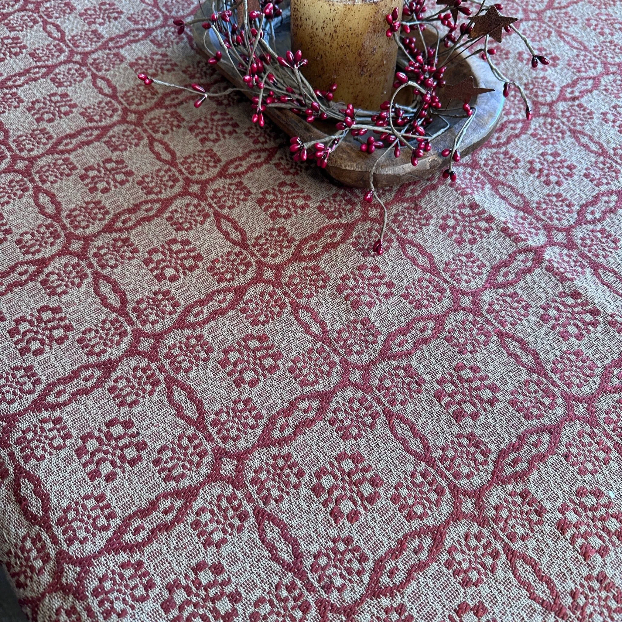 Saratoga Garnet and Tan Woven Small Table Cloth 34"
