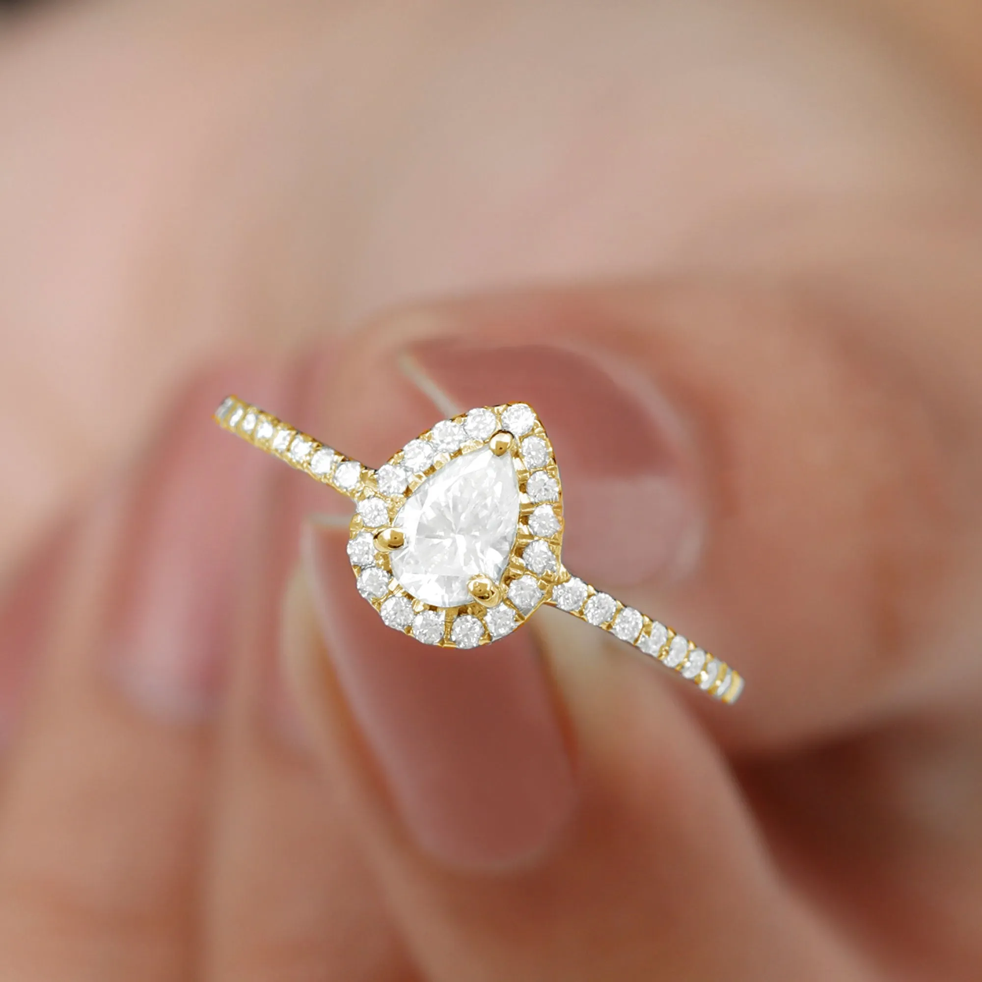 Simple Lab Grown Diamond Teardrop Ring with Halo