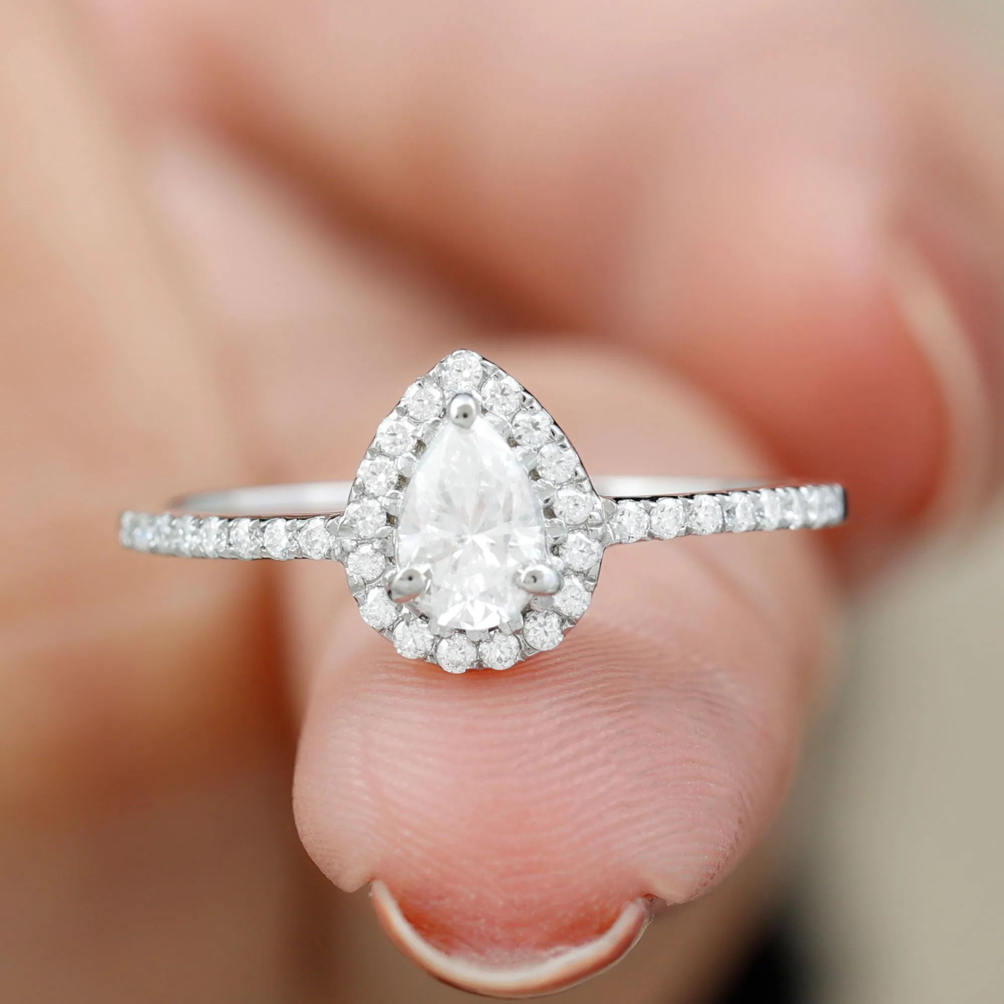 Simple Lab Grown Diamond Teardrop Ring with Halo