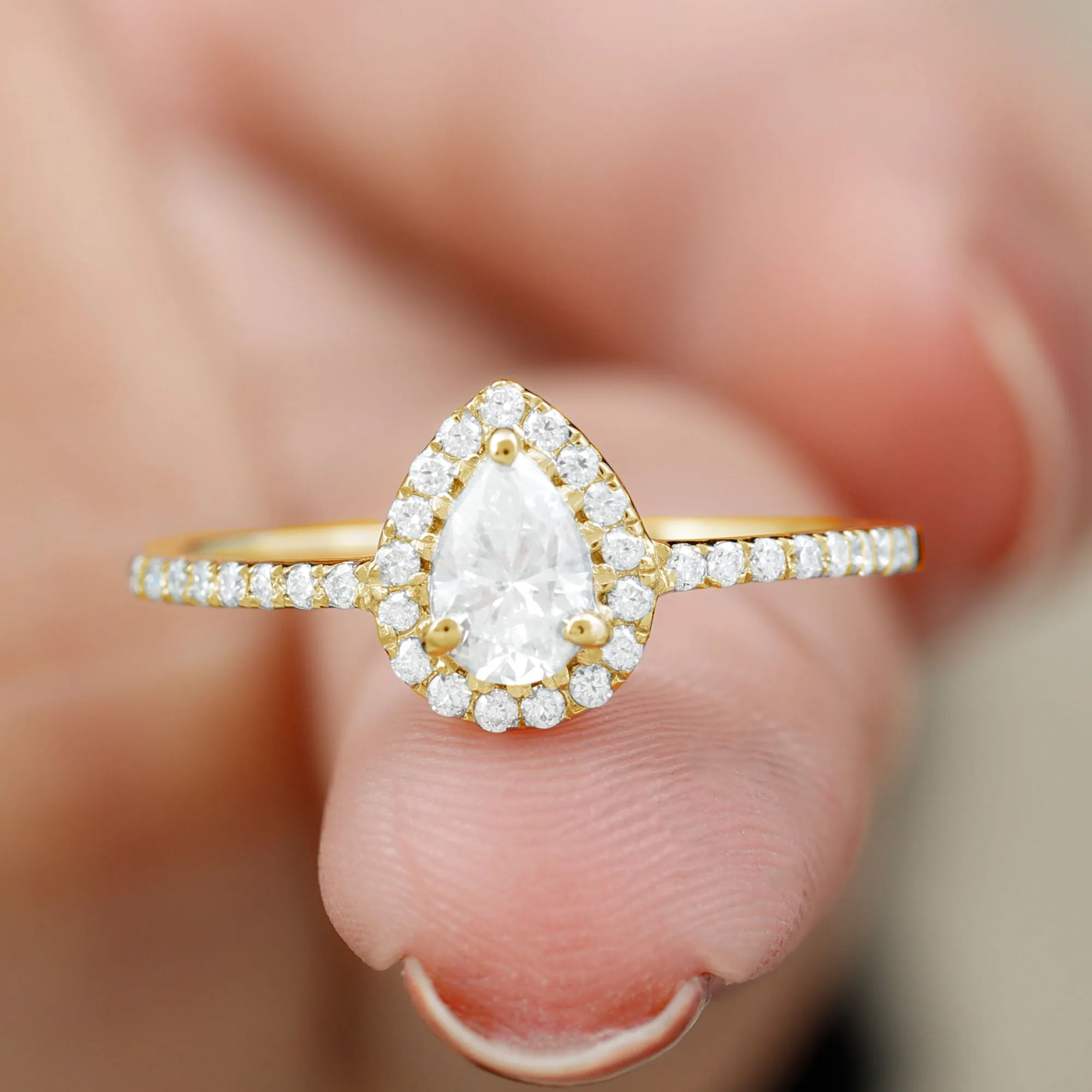 Simple Lab Grown Diamond Teardrop Ring with Halo