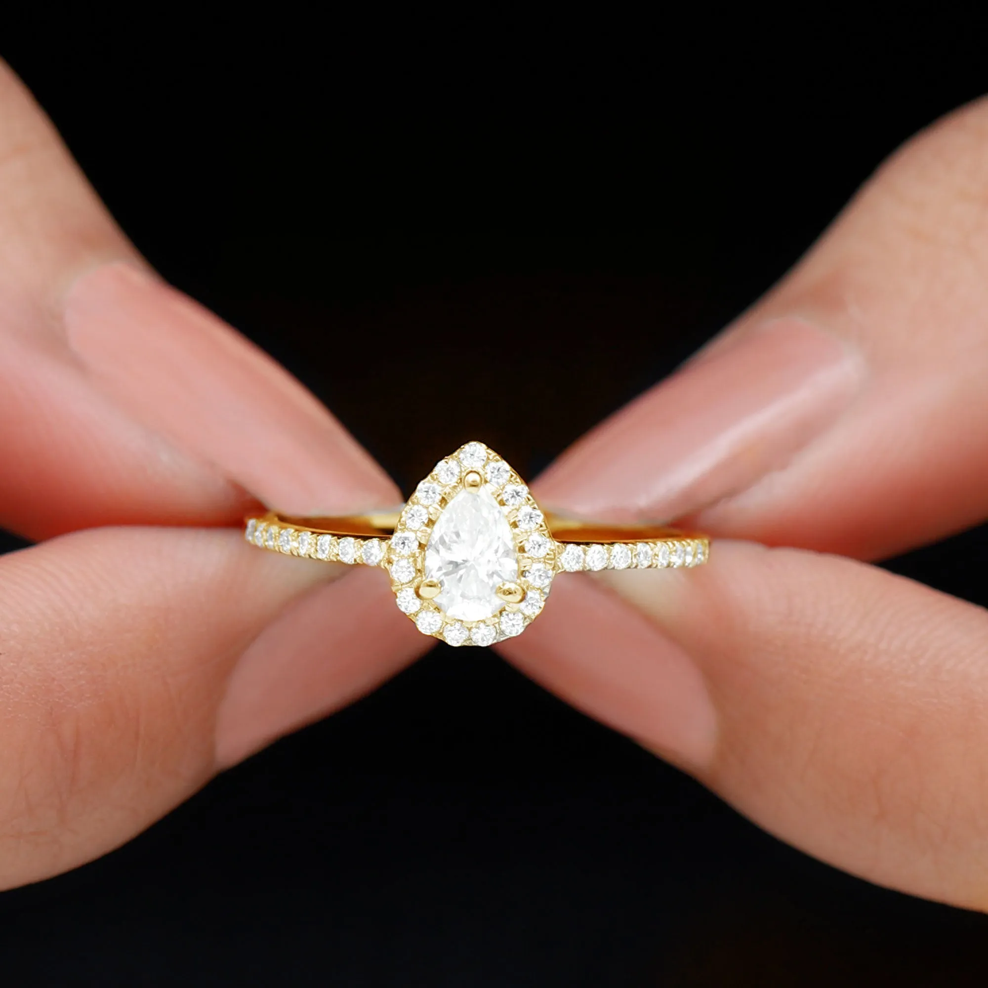 Simple Lab Grown Diamond Teardrop Ring with Halo
