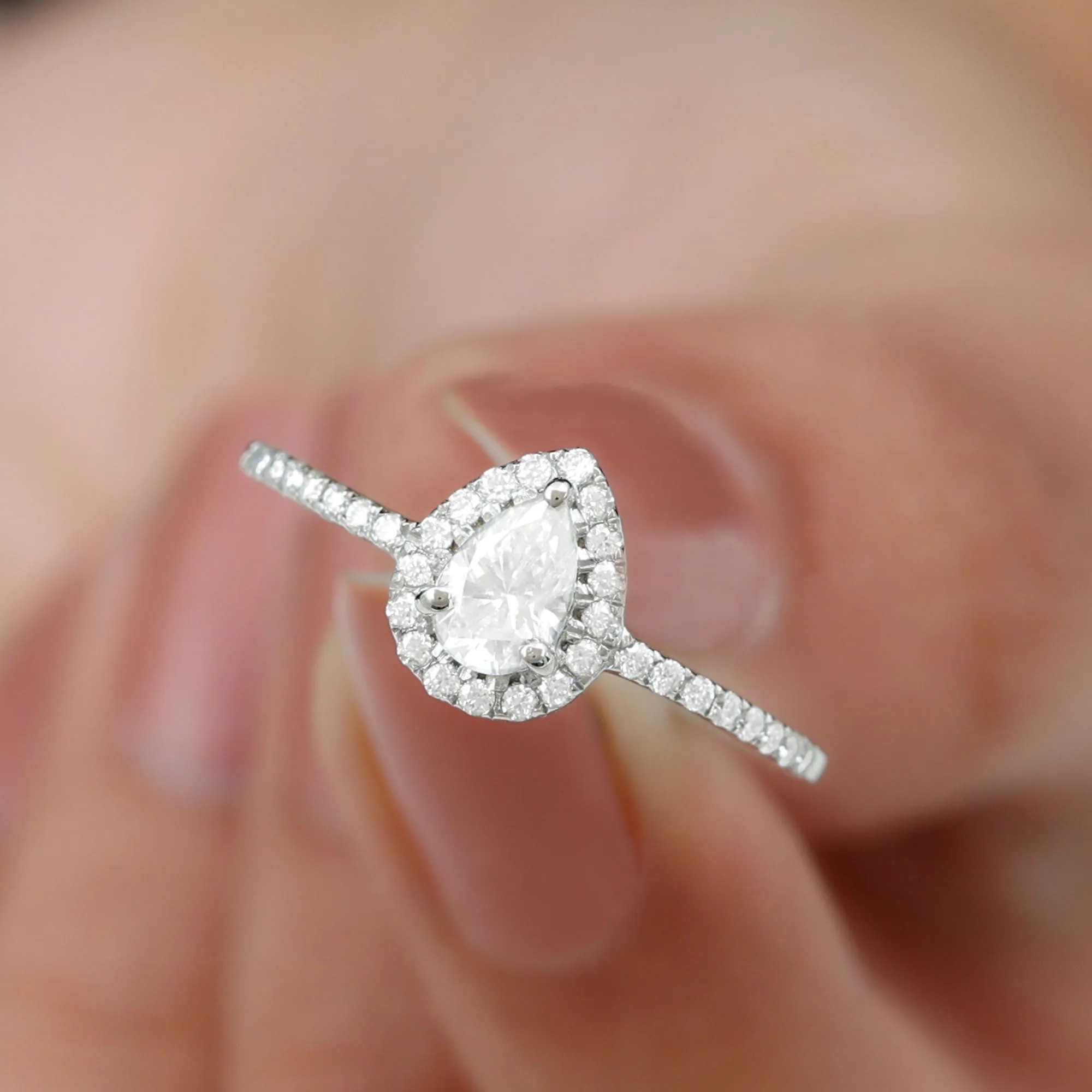 Simple Lab Grown Diamond Teardrop Ring with Halo