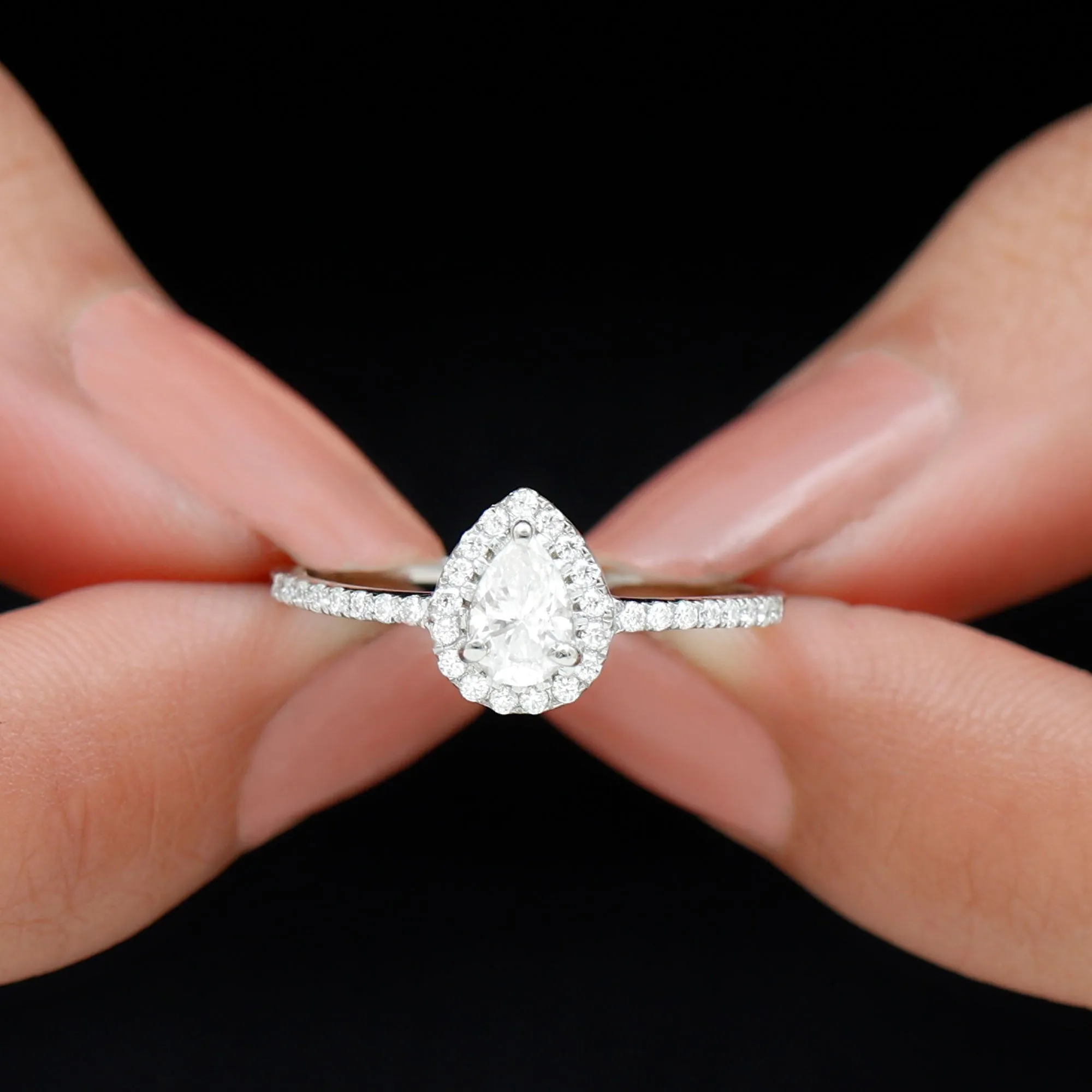 Simple Lab Grown Diamond Teardrop Ring with Halo