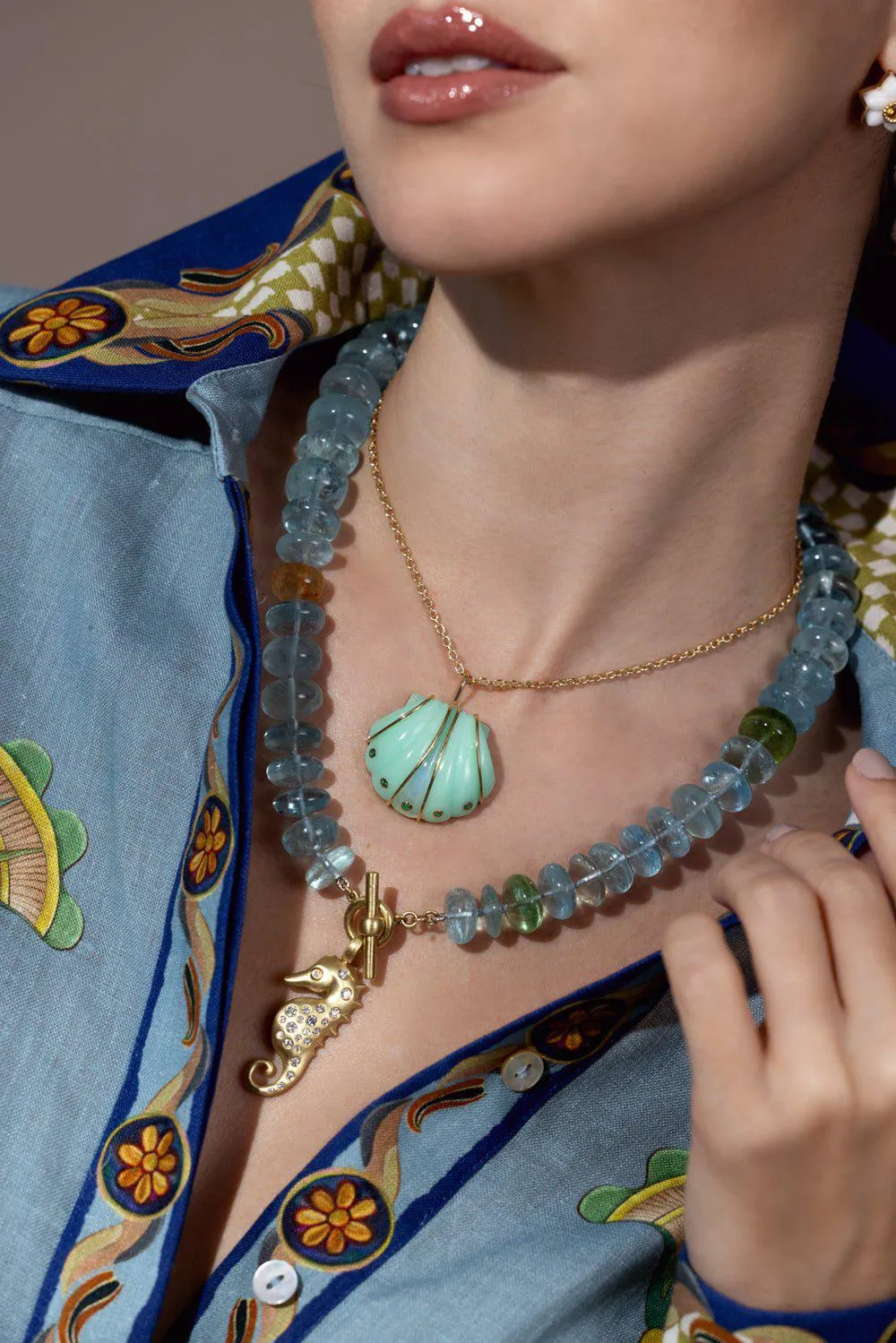 Small Mint Chrysoprase Moonstone Shell Pendant Necklace