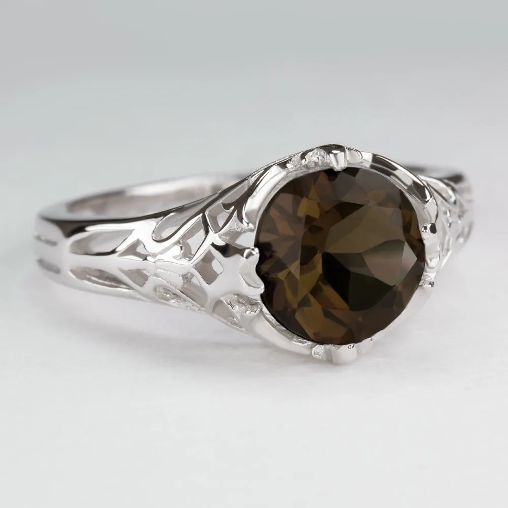 SMOKY QUARTZ STERLING SILVER RING VINTAGE STYLE SOLITAIRE ART DECO FILIGREE