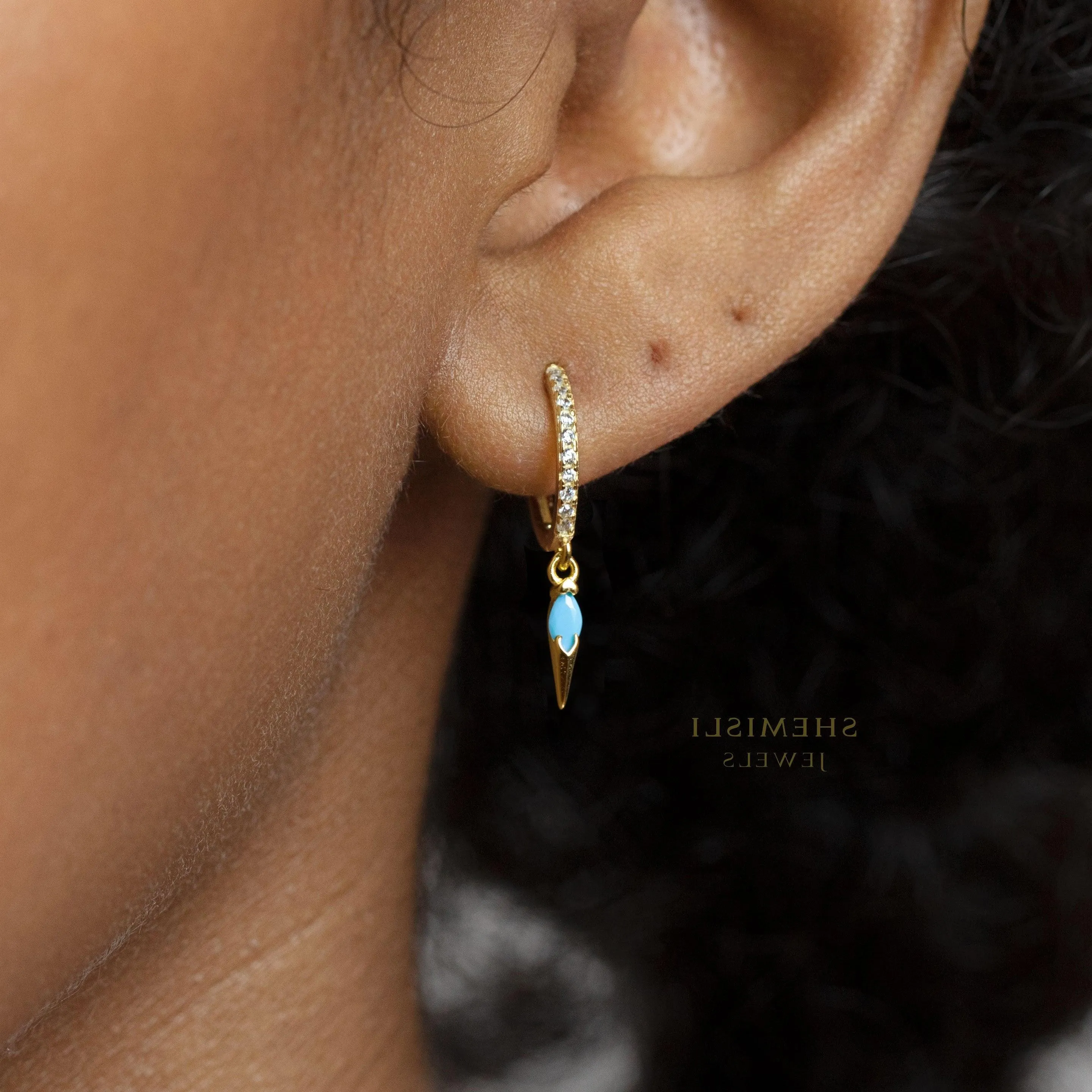 Spike Turquoise CZ Hoop Earrings, Gold, Silver SHEMISLI SH373