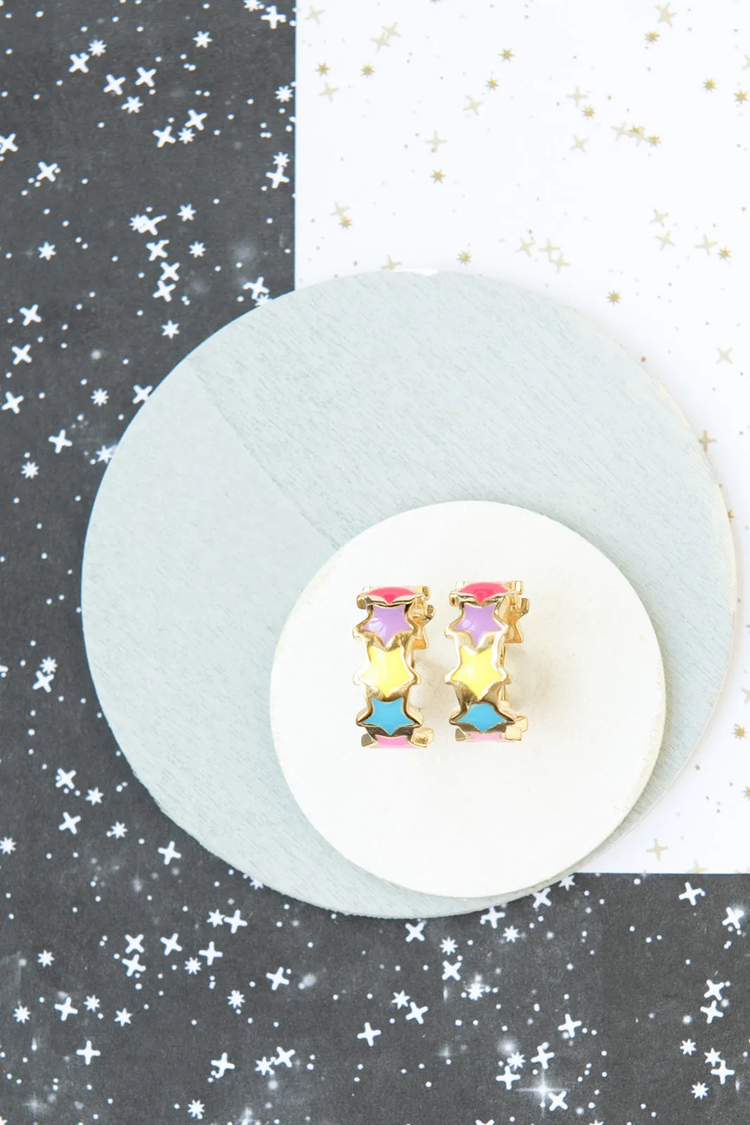 Star Enamel Rainbow Colors Huggy Hoop Earring