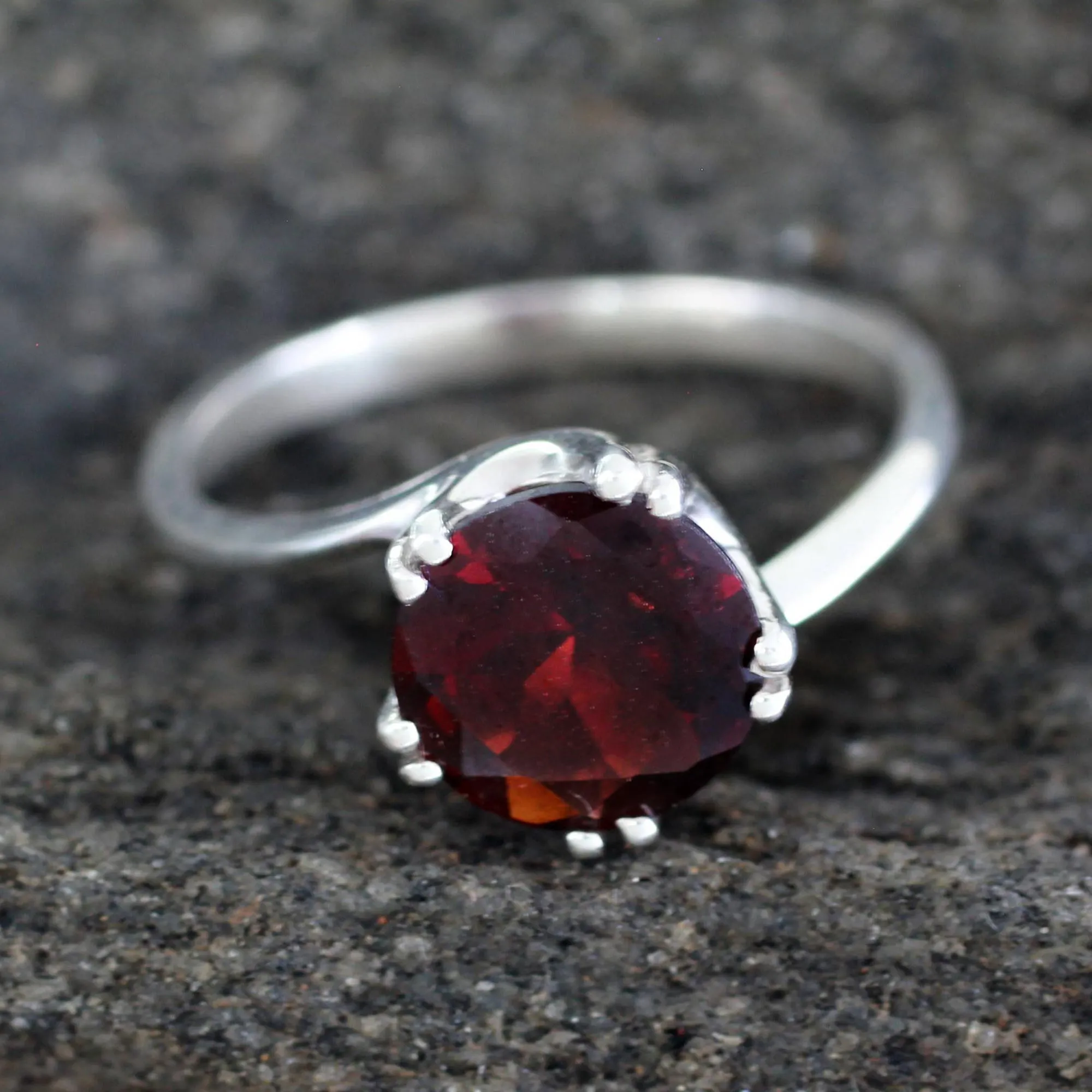 Sterling Silver and Garnet Solitaire Ring - Delhi Crown | NOVICA