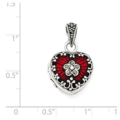 Sterling Silver Red Enamel & Marcasite Heart Locket