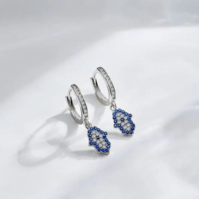 Sterling Silver Rhodium Plated Hand Of Fatima Hoop Earrings ERLE084