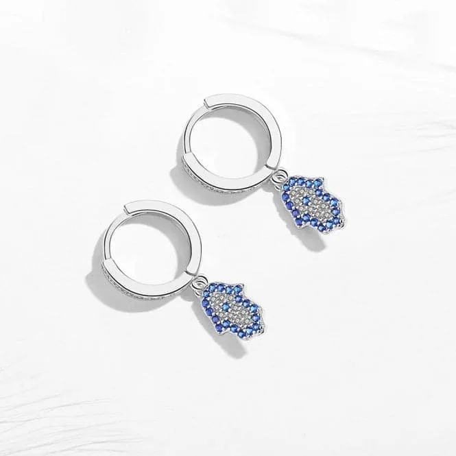 Sterling Silver Rhodium Plated Hand Of Fatima Hoop Earrings ERLE084