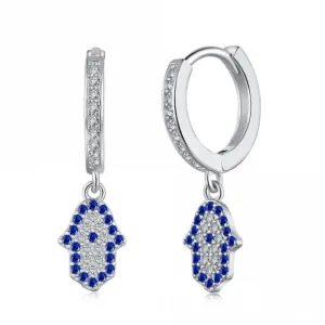 Sterling Silver Rhodium Plated Hand Of Fatima Hoop Earrings ERLE084