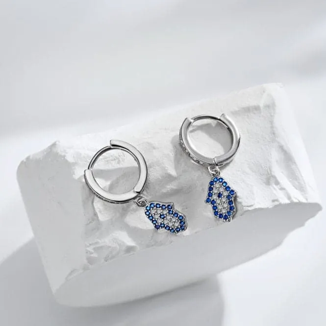 Sterling Silver Rhodium Plated Hand Of Fatima Hoop Earrings ERLE084