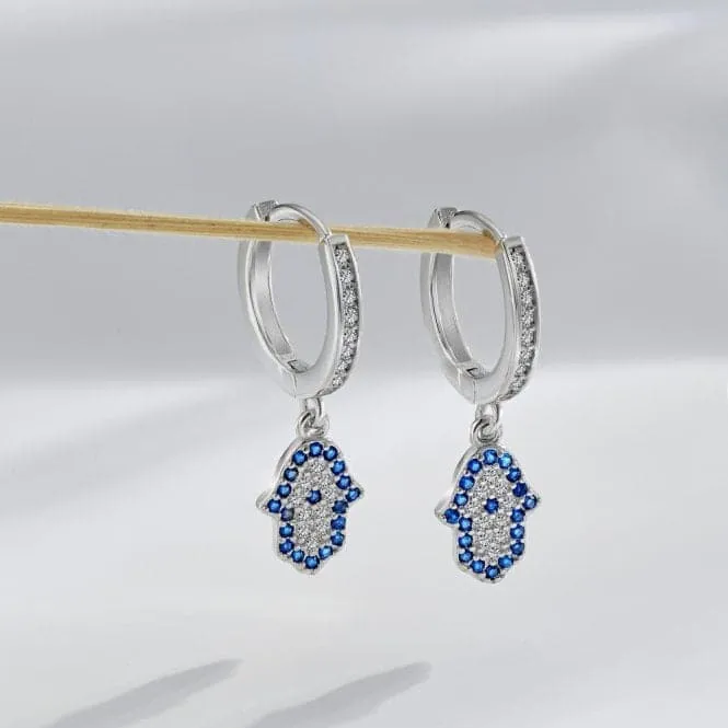 Sterling Silver Rhodium Plated Hand Of Fatima Hoop Earrings ERLE084