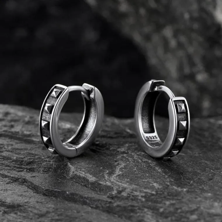 Sterling Silver Rivet Huggie Hoop Earrings For Men