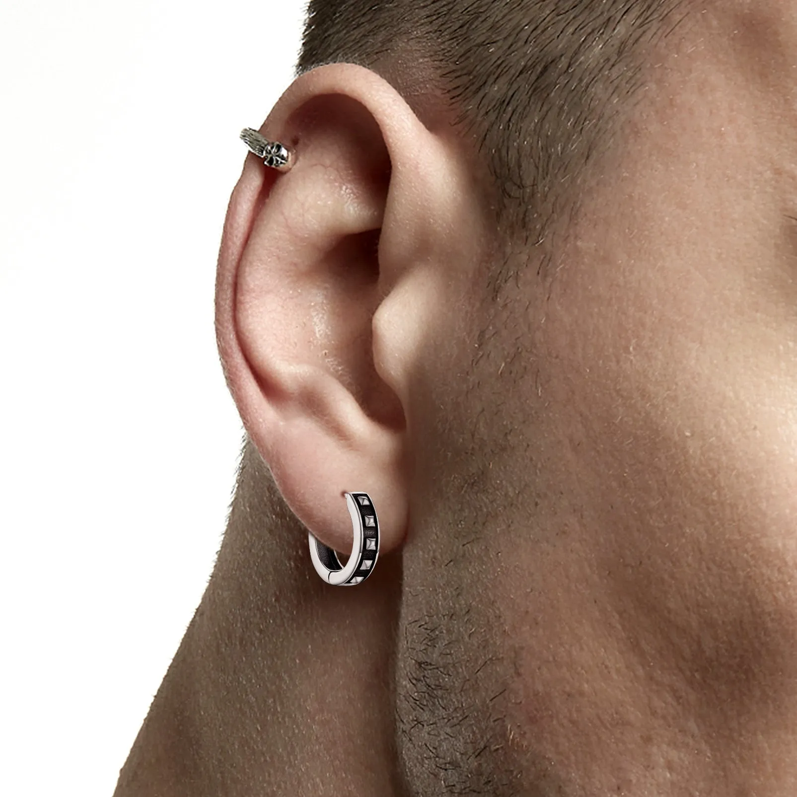 Sterling Silver Rivet Huggie Hoop Earrings For Men