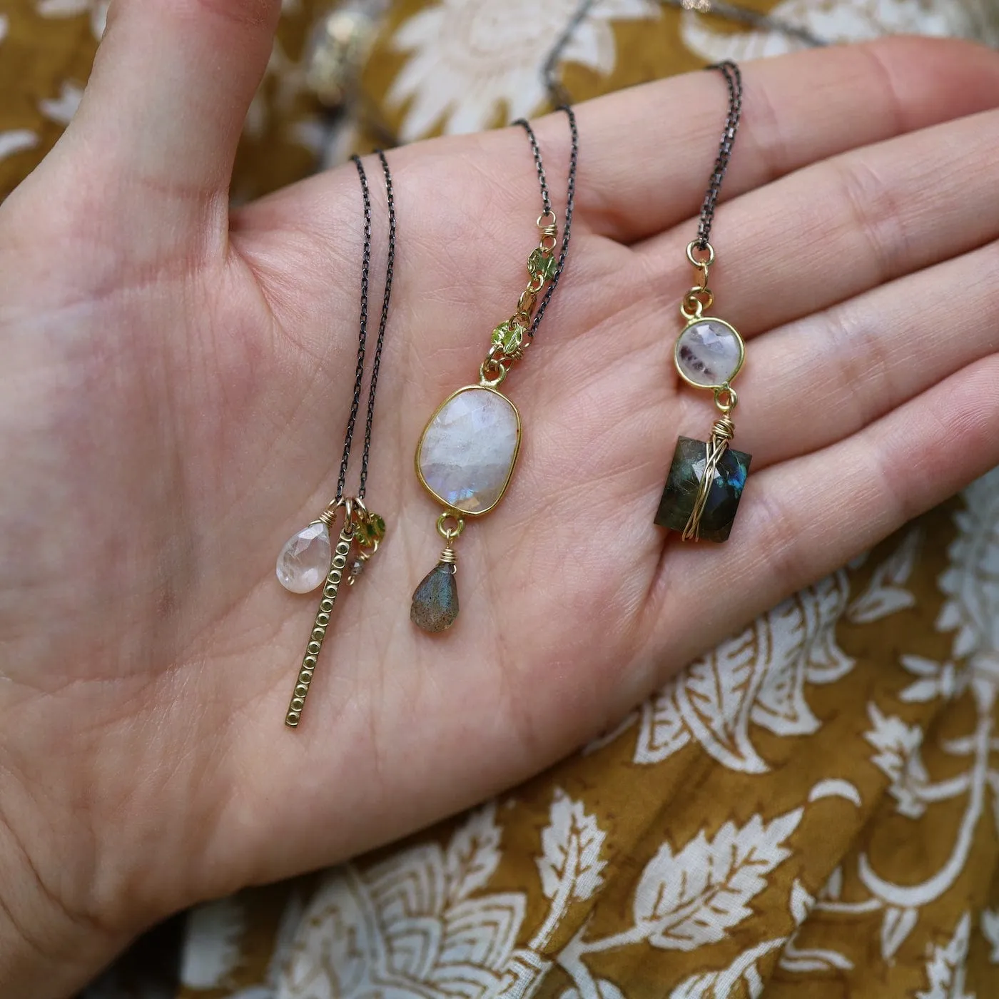 Two Tone Moonstone & Labradorite Rectangle Necklace
