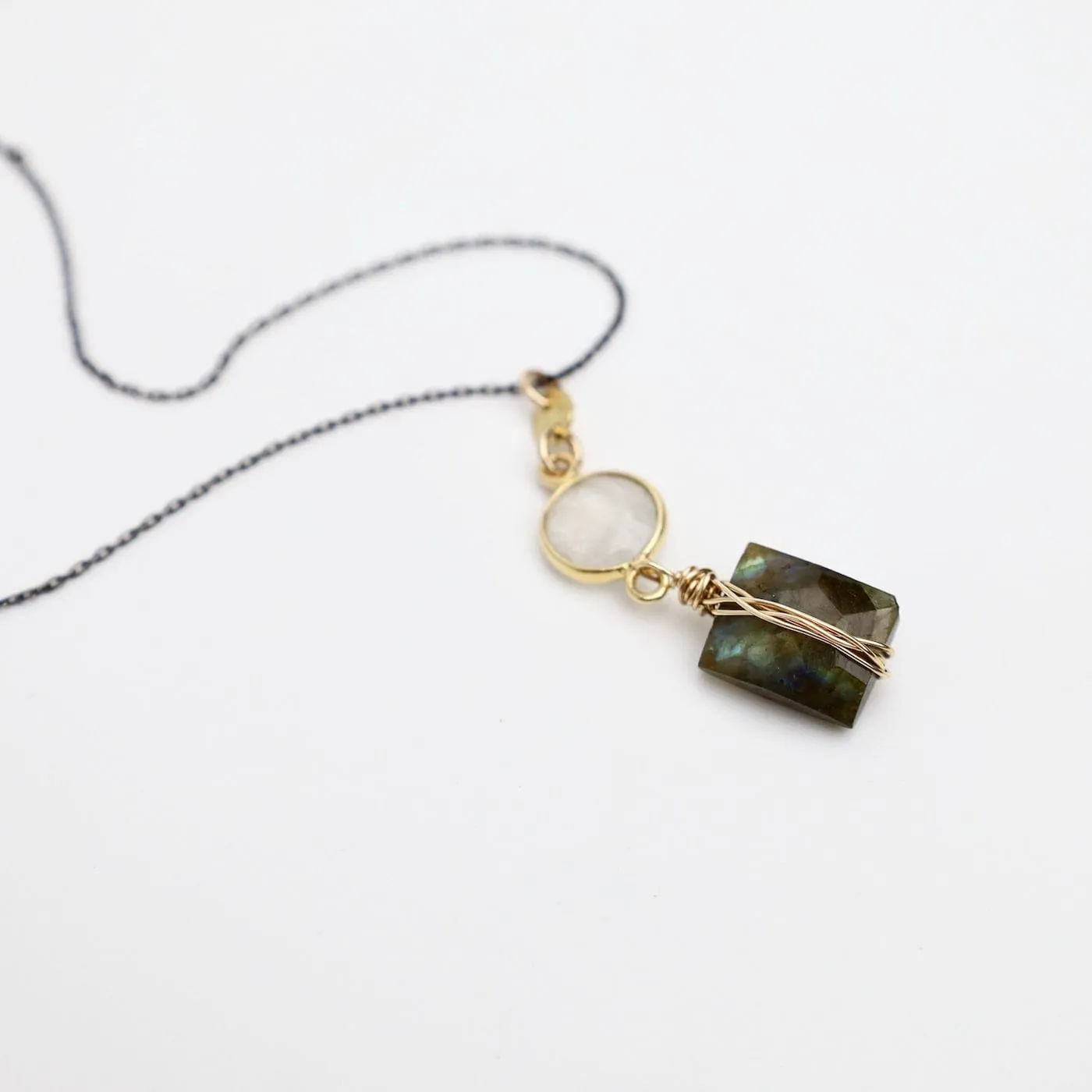 Two Tone Moonstone & Labradorite Rectangle Necklace