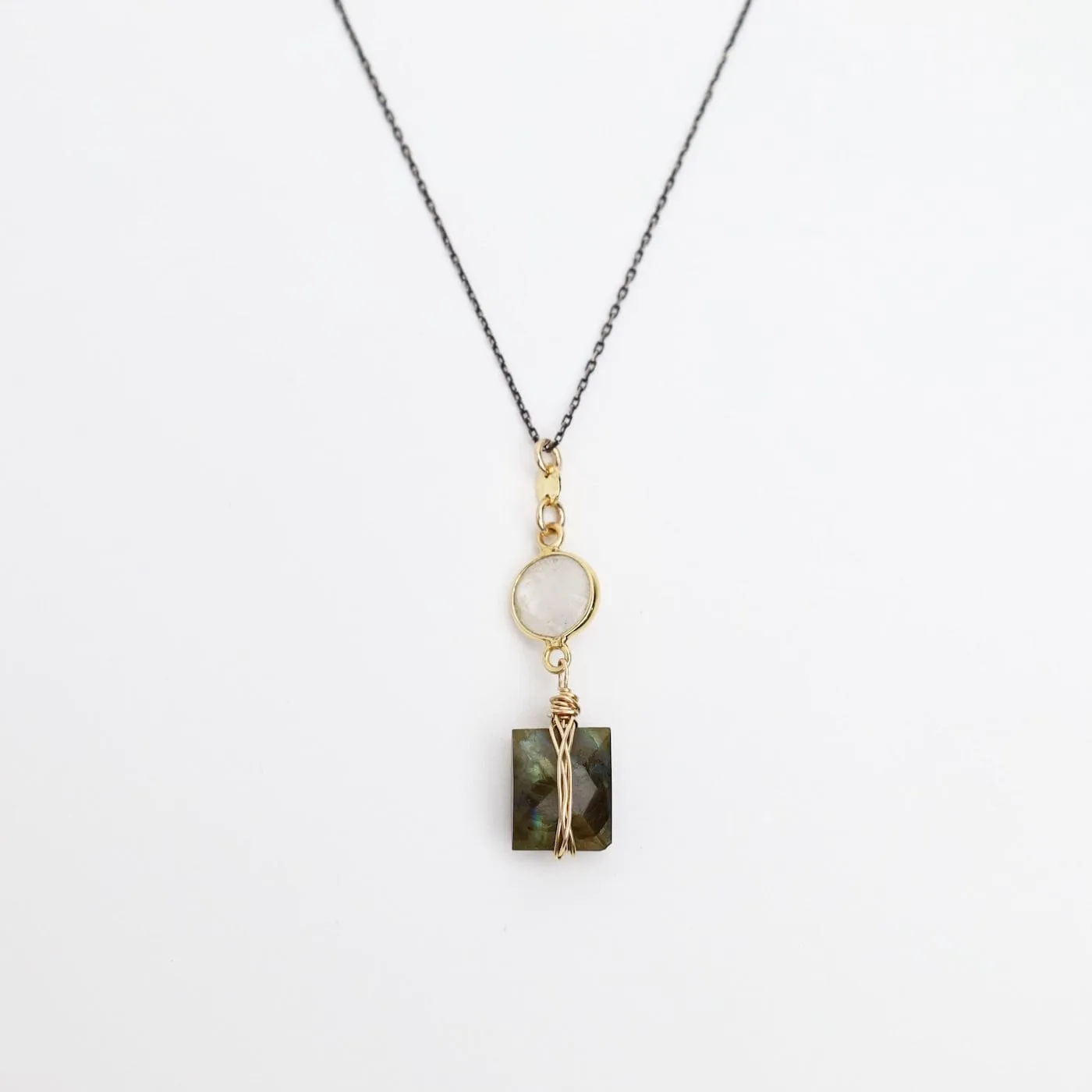 Two Tone Moonstone & Labradorite Rectangle Necklace