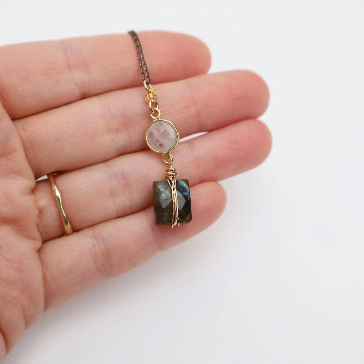 Two Tone Moonstone & Labradorite Rectangle Necklace