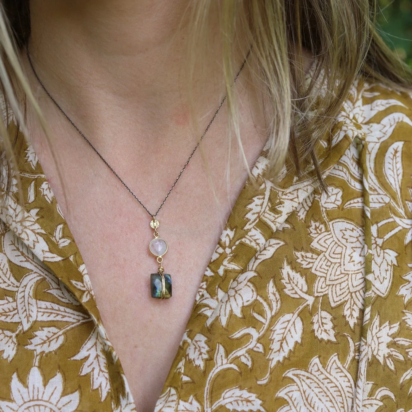Two Tone Moonstone & Labradorite Rectangle Necklace