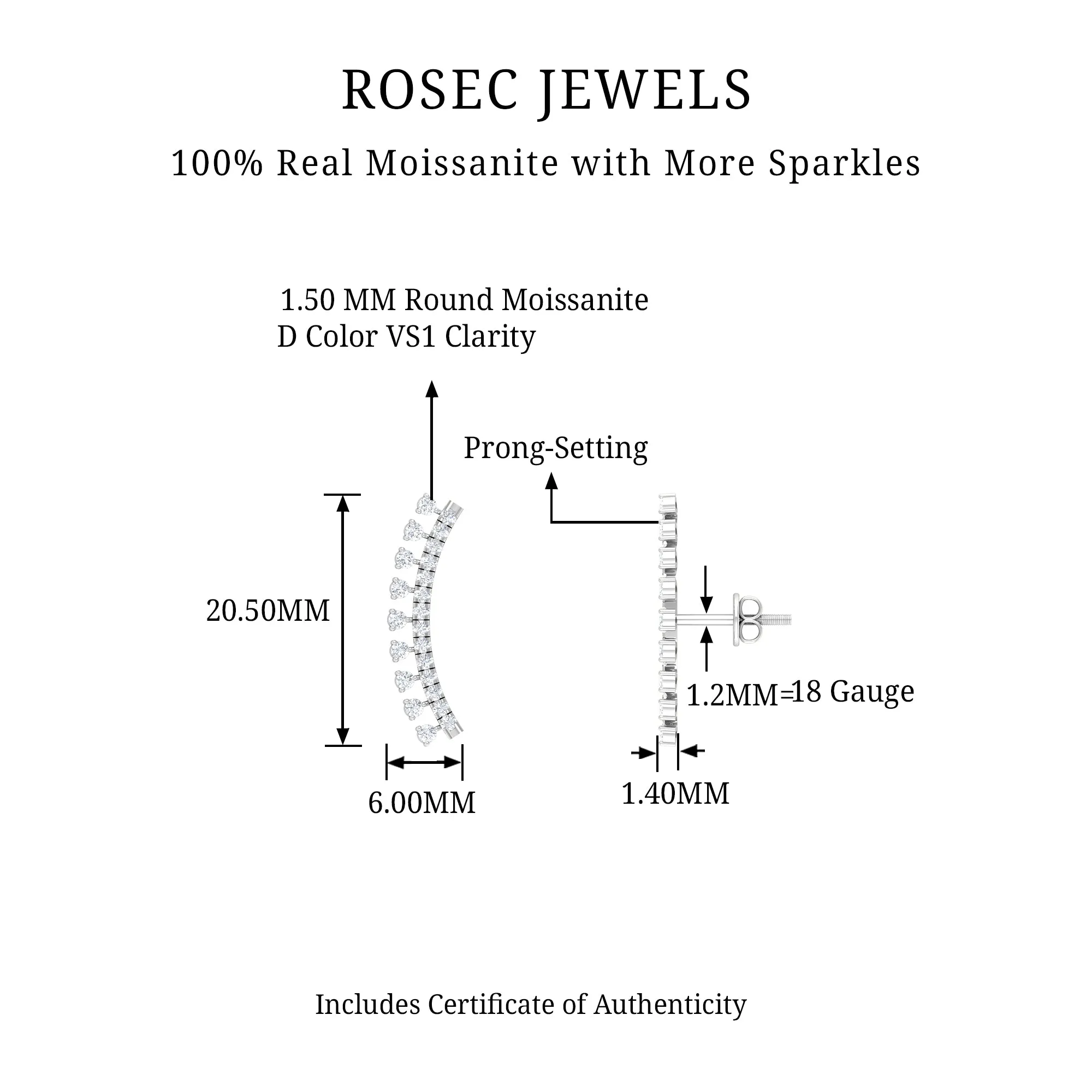 Unique Certified Moissanite Curved Crawler Earring
