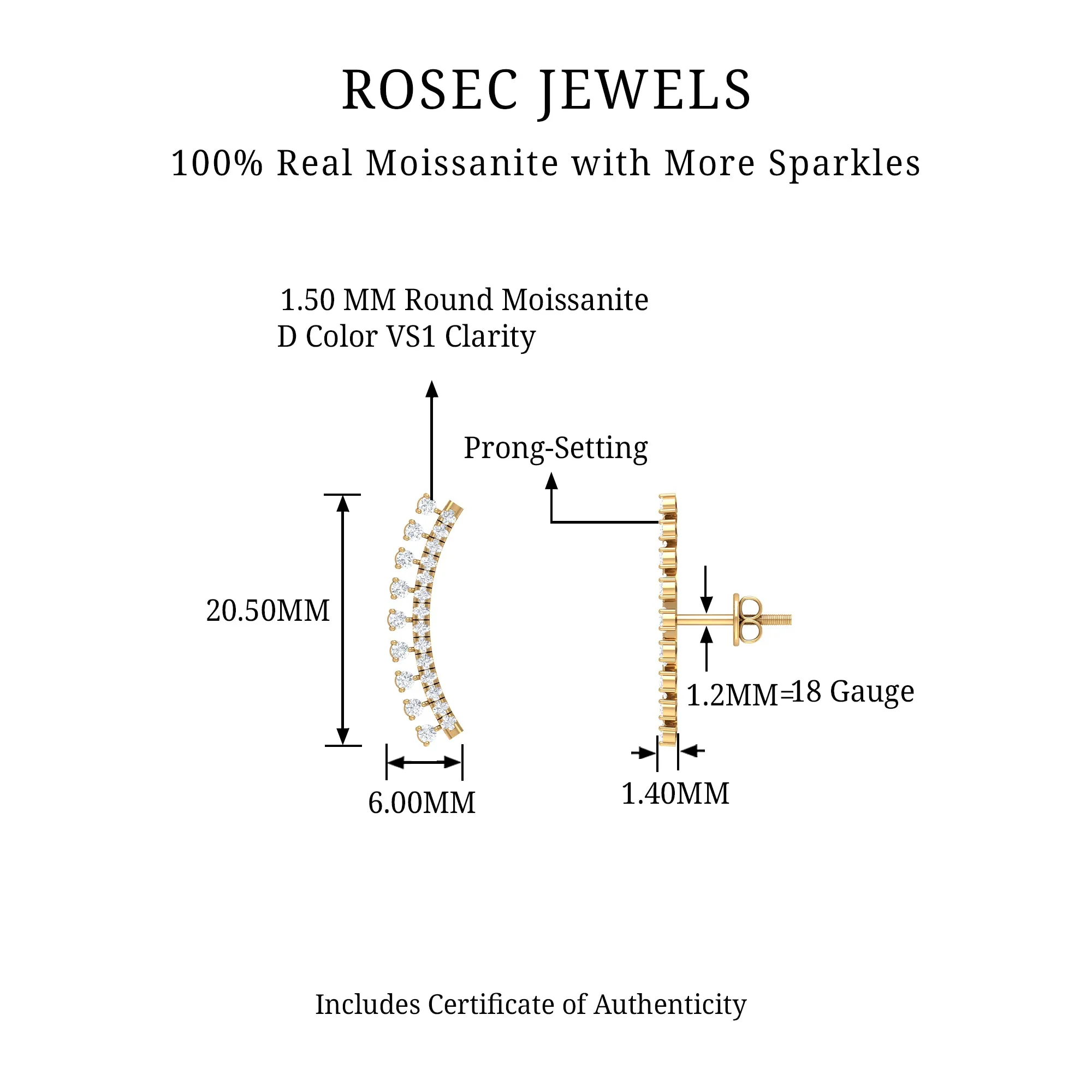 Unique Certified Moissanite Curved Crawler Earring