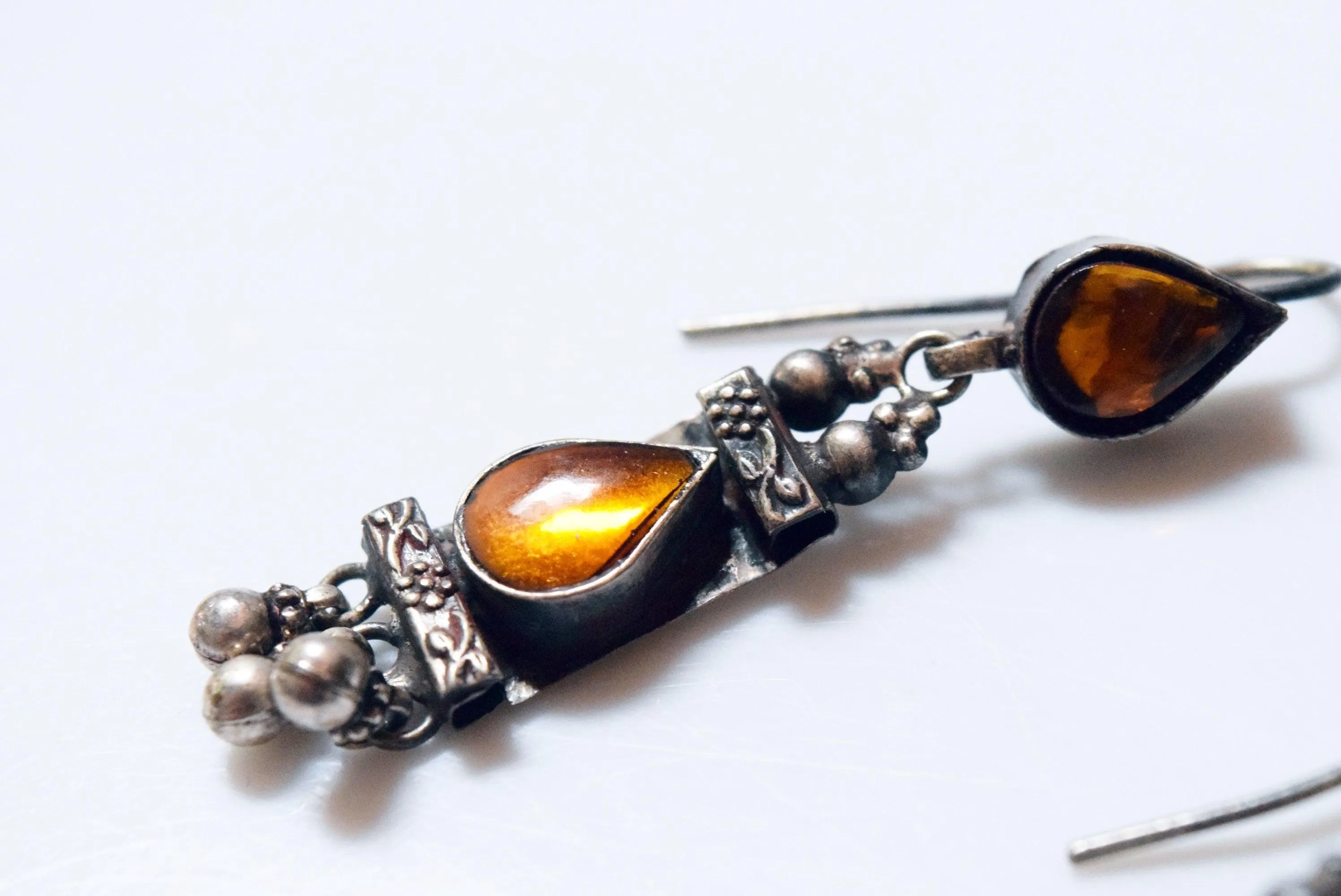 Vintage Indian Silver Earrings with Yellow Glass