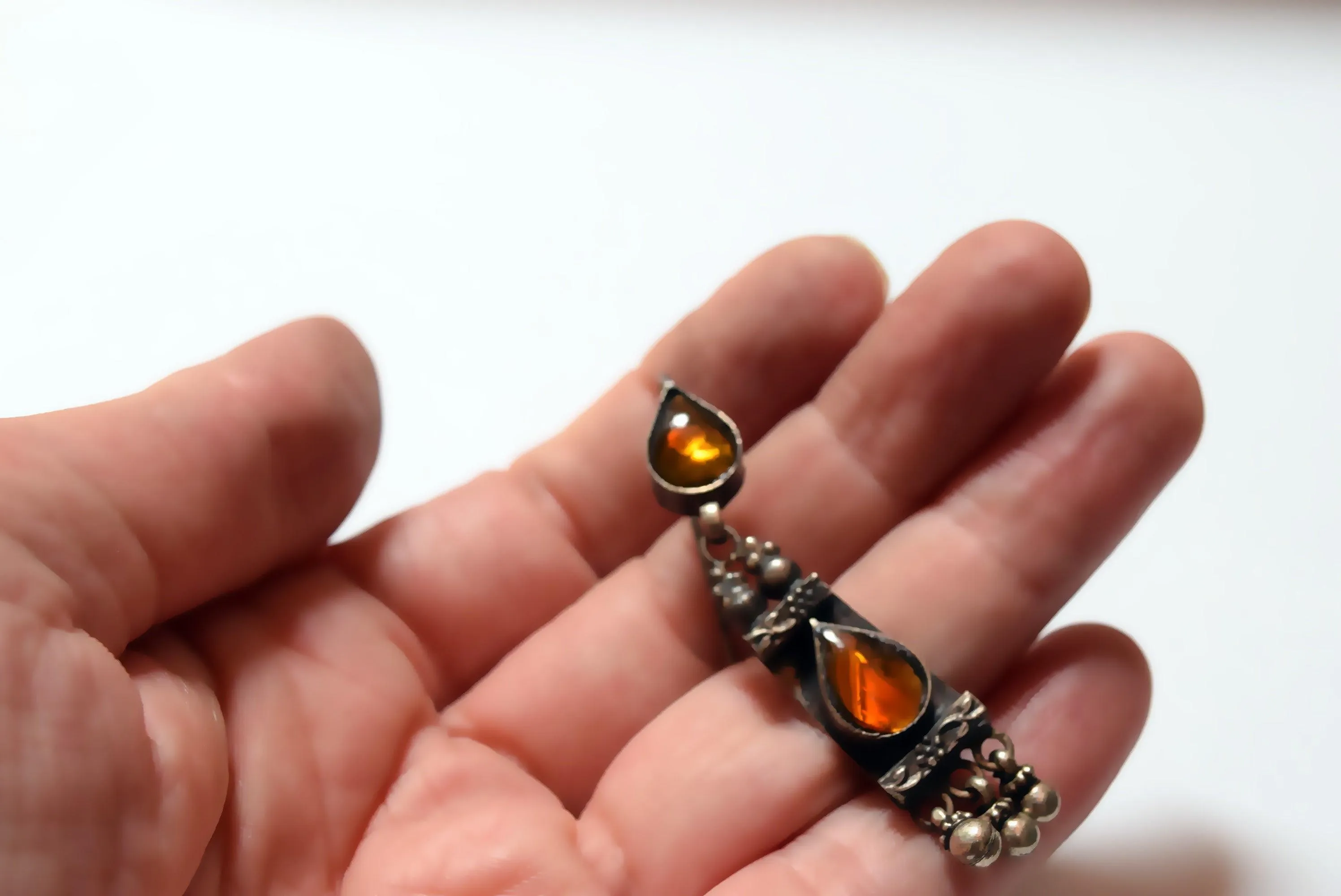 Vintage Indian Silver Earrings with Yellow Glass