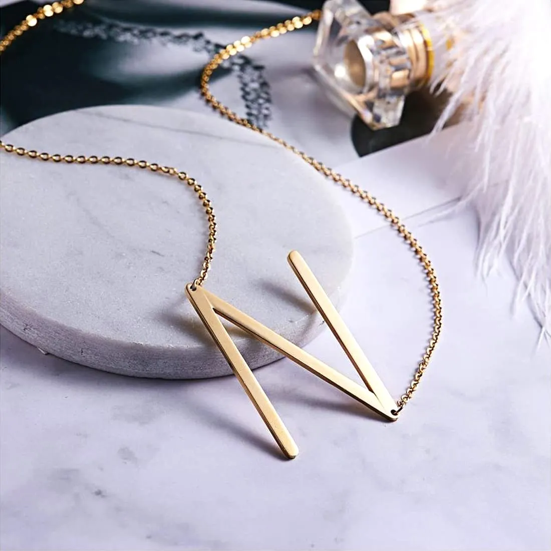 Yellow Chimes Alphabet Pendant Necklace for Women Alphabet N Initial Golden Pendant Stainless Steel Gold Plated Big Chain Pendant for Women and Men.
