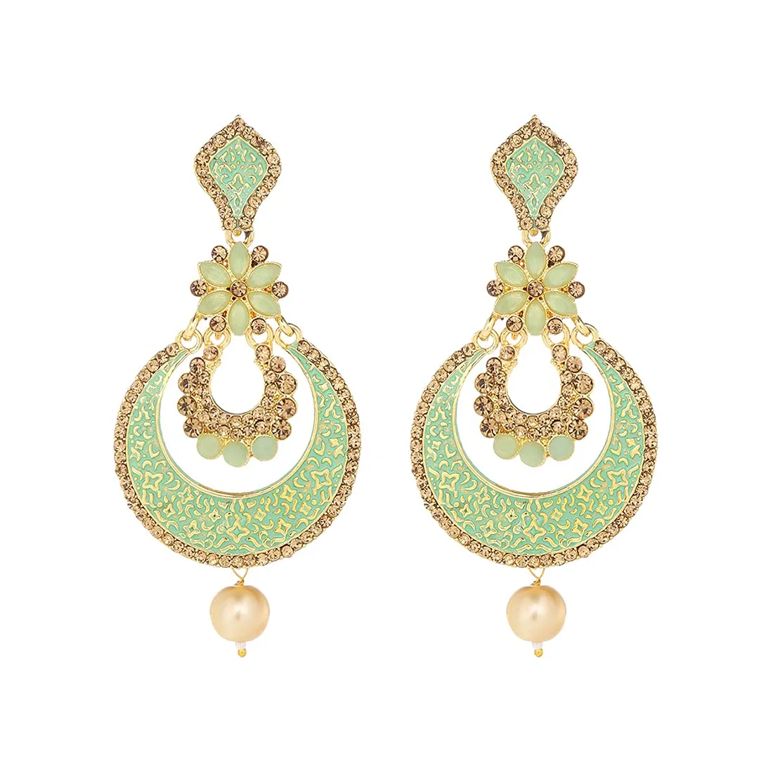 Yellow Chimes Chandbali Earrings for Women Gold Plated Flower Design Green Meenakari Pearl Chand bali Earrings for Women and Girls