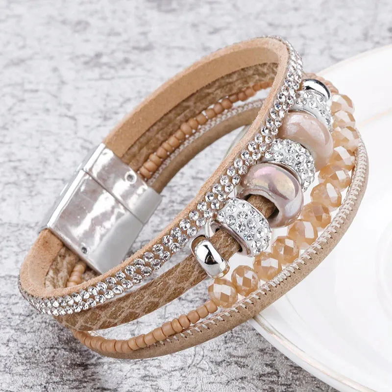 'Yiray' Beads and Rhinestones Cuff Bracelet - khaki