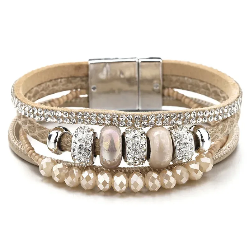 'Yiray' Beads and Rhinestones Cuff Bracelet - khaki